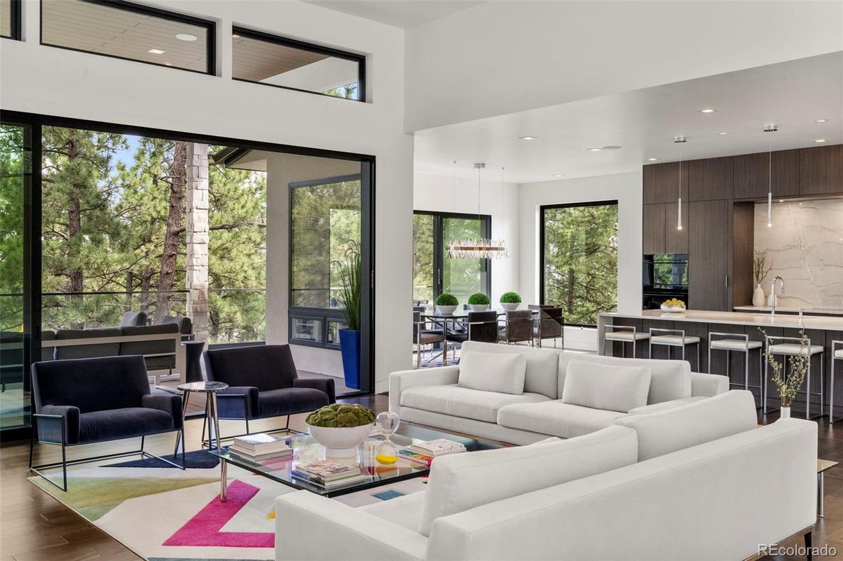 Dining room, Interior, Kitchen, Living room, Marble Walls, Pendant Lights, Recessed Lighting, Wood Texture Flooring
