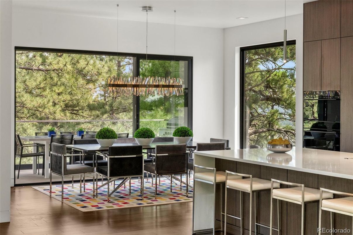 Dining room, Interior, Pendant Lights, Recessed Lighting, Wood Texture Flooring