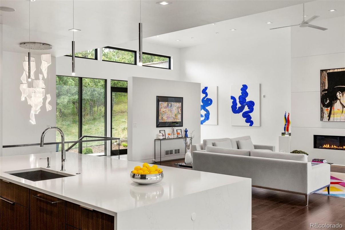 Fireplace, Interior, Kitchen, Living room, Pendant Lights, Recessed Lighting, Wood Texture Flooring