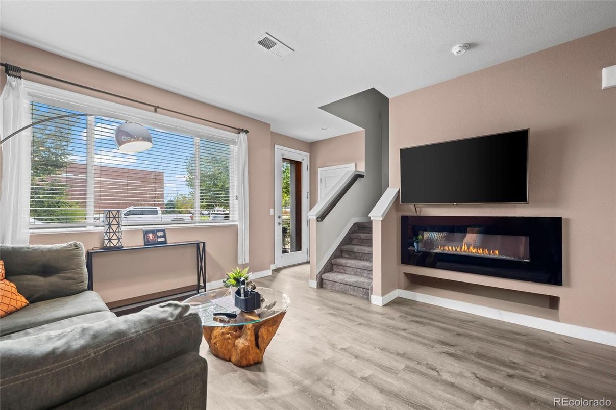 Fireplace, Interior, Living room, Recessed Lighting, Wood Texture Flooring