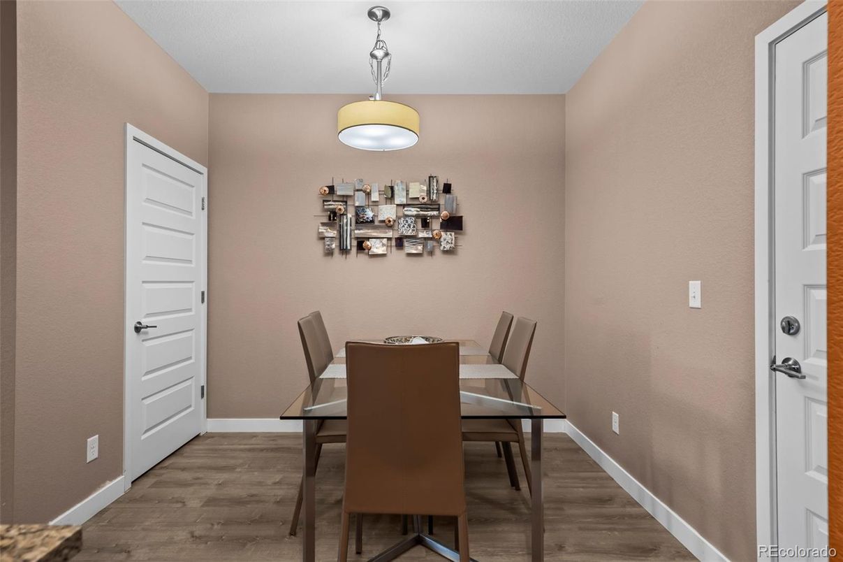 Dining room, Interior, Pendant Lights, Wood Texture Flooring