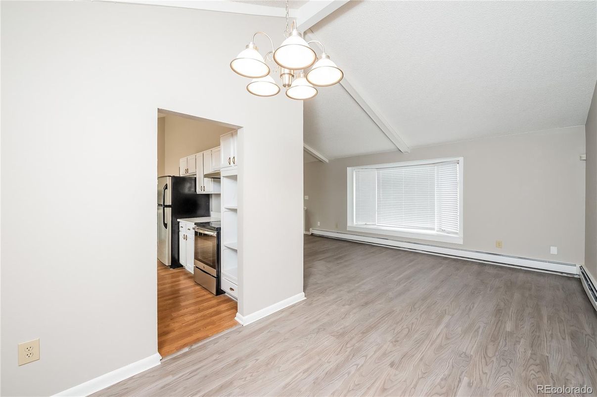 Chandelier, Empty room, Interior, Kitchen, Stainless Steel Appliances, Wood Texture Flooring