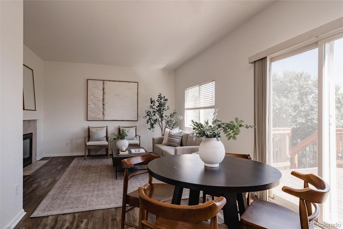 Dining room, Fireplace, Interior, Living room, Wood Texture Flooring