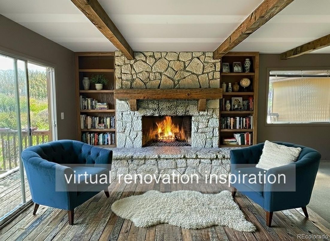 Fireplace, Interior, Living room, Stone Walls, Wooden Beams, Wood Texture Flooring
