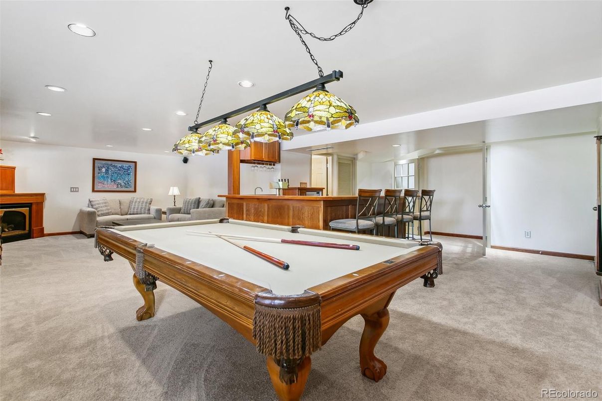 Billiard Table, Fireplace, Game Room, Interior, Pendant Lights, Recessed Lighting