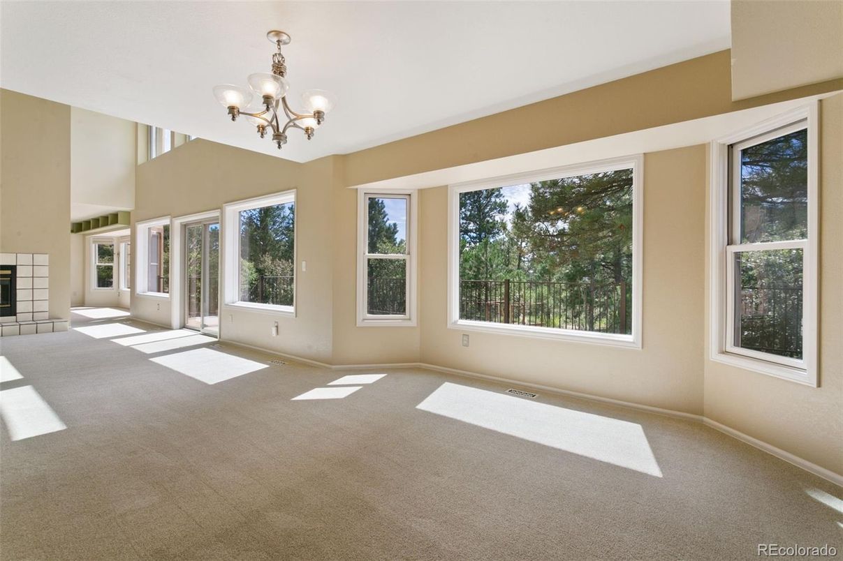 Chandelier, Empty room, Fireplace, Interior