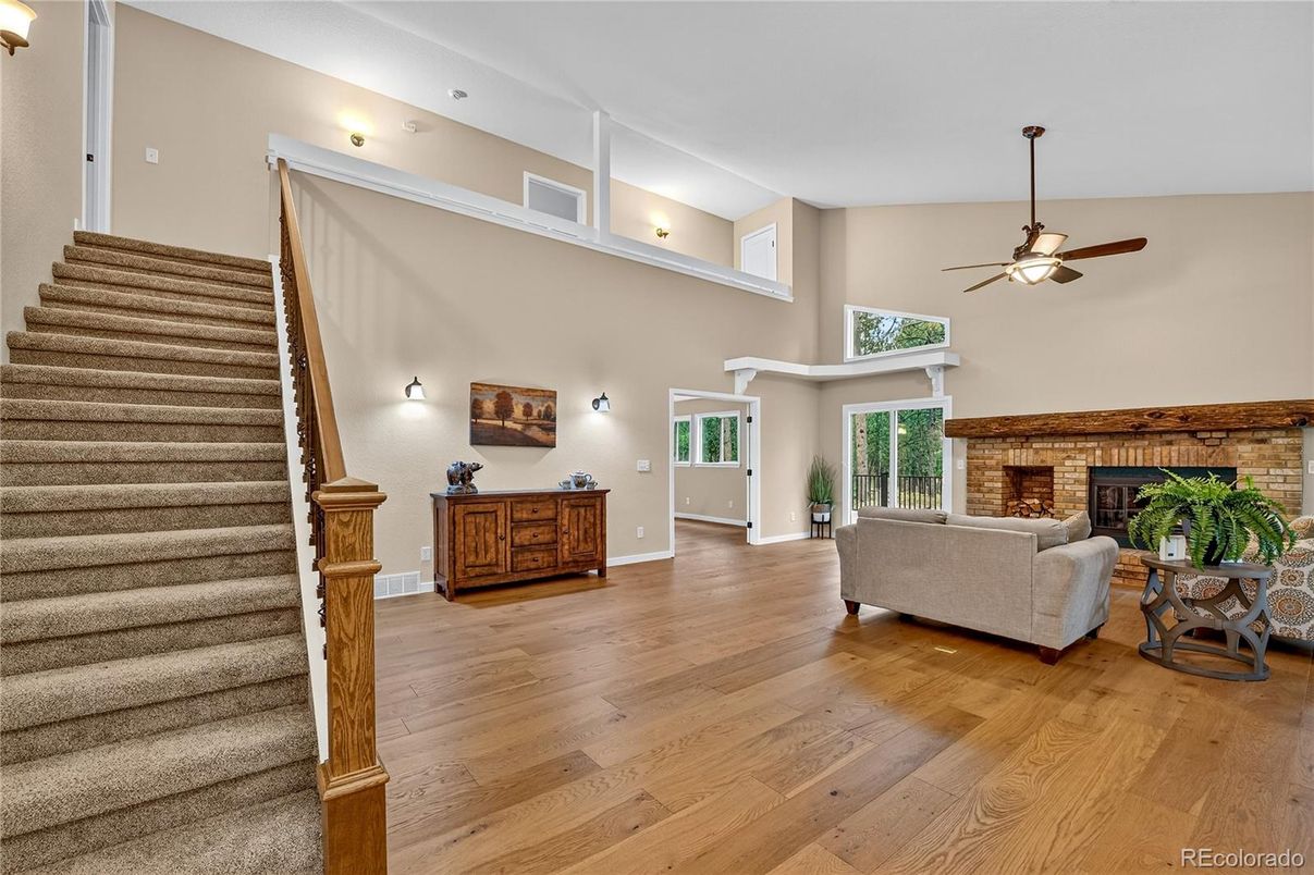 Fireplace, Interior, Living room, Stone Walls, Wood Texture Flooring