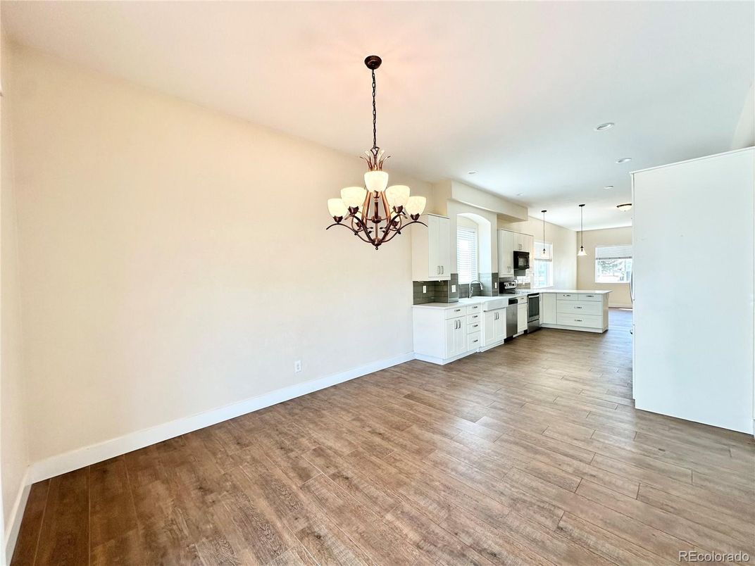 Chandelier, Empty room, Interior, Kitchen, Pendant Lights, Recessed Lighting, Wood Texture Flooring