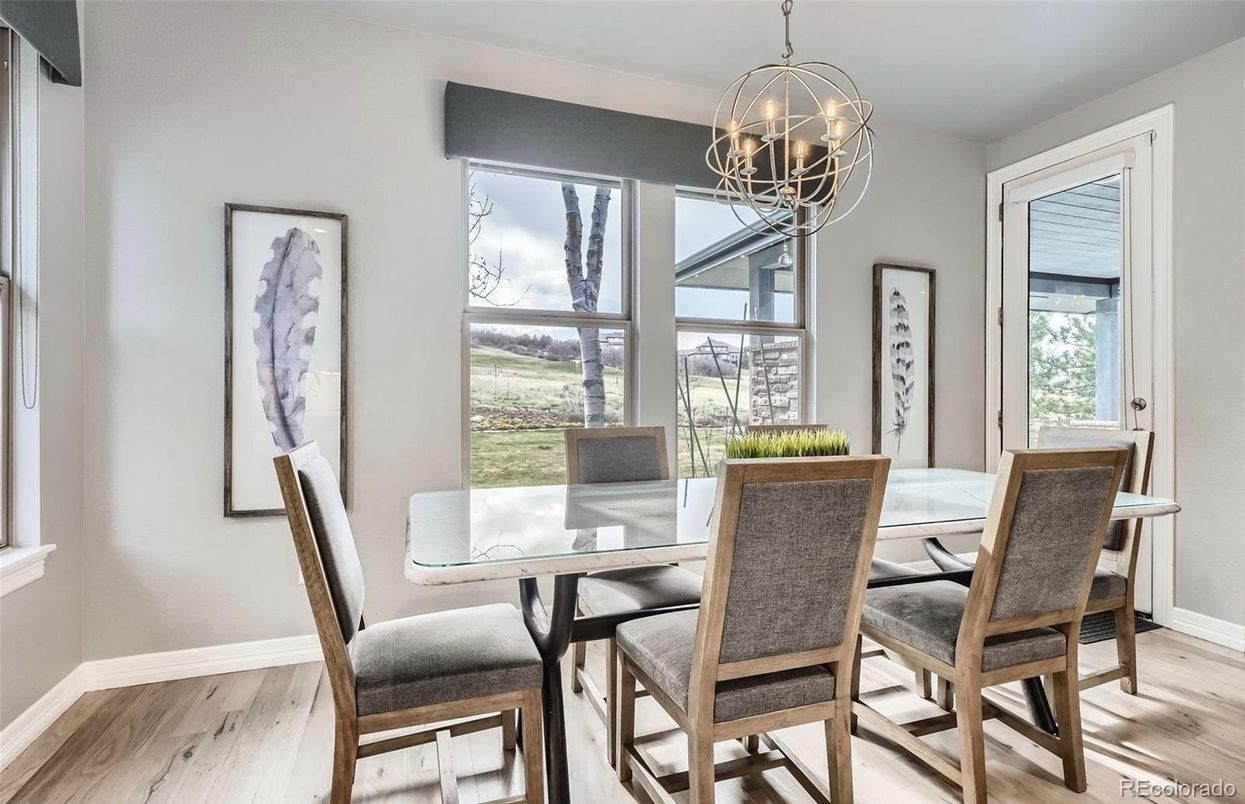 Chandelier, Dining room, Interior, Wood Texture Flooring