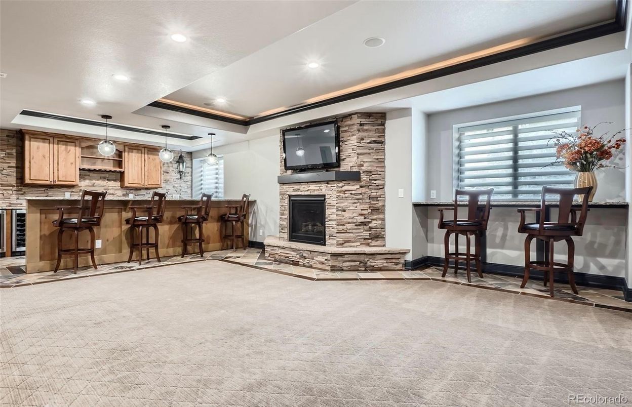Fireplace, Interior, Pendant Lights, Recessed Lighting, Stone Walls