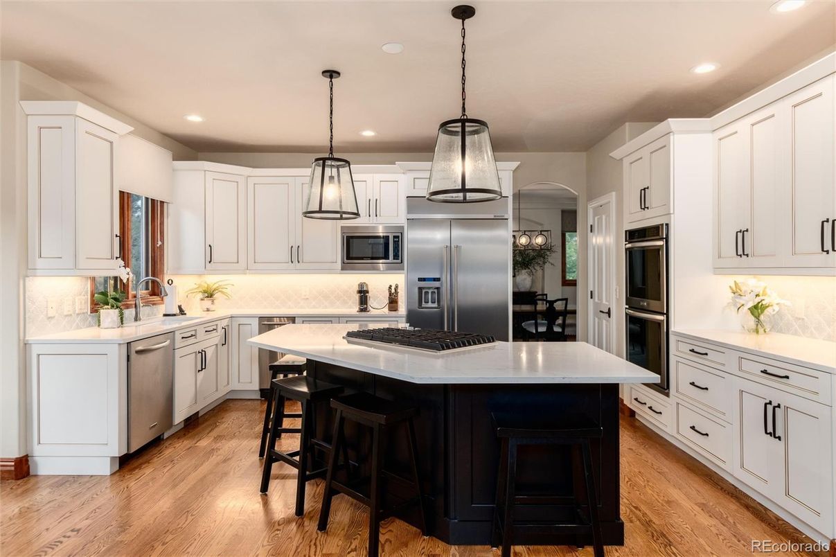 Interior, Kitchen, Pendant Lights, Recessed Lighting, Stainless Steel Appliances, Wood Texture Flooring