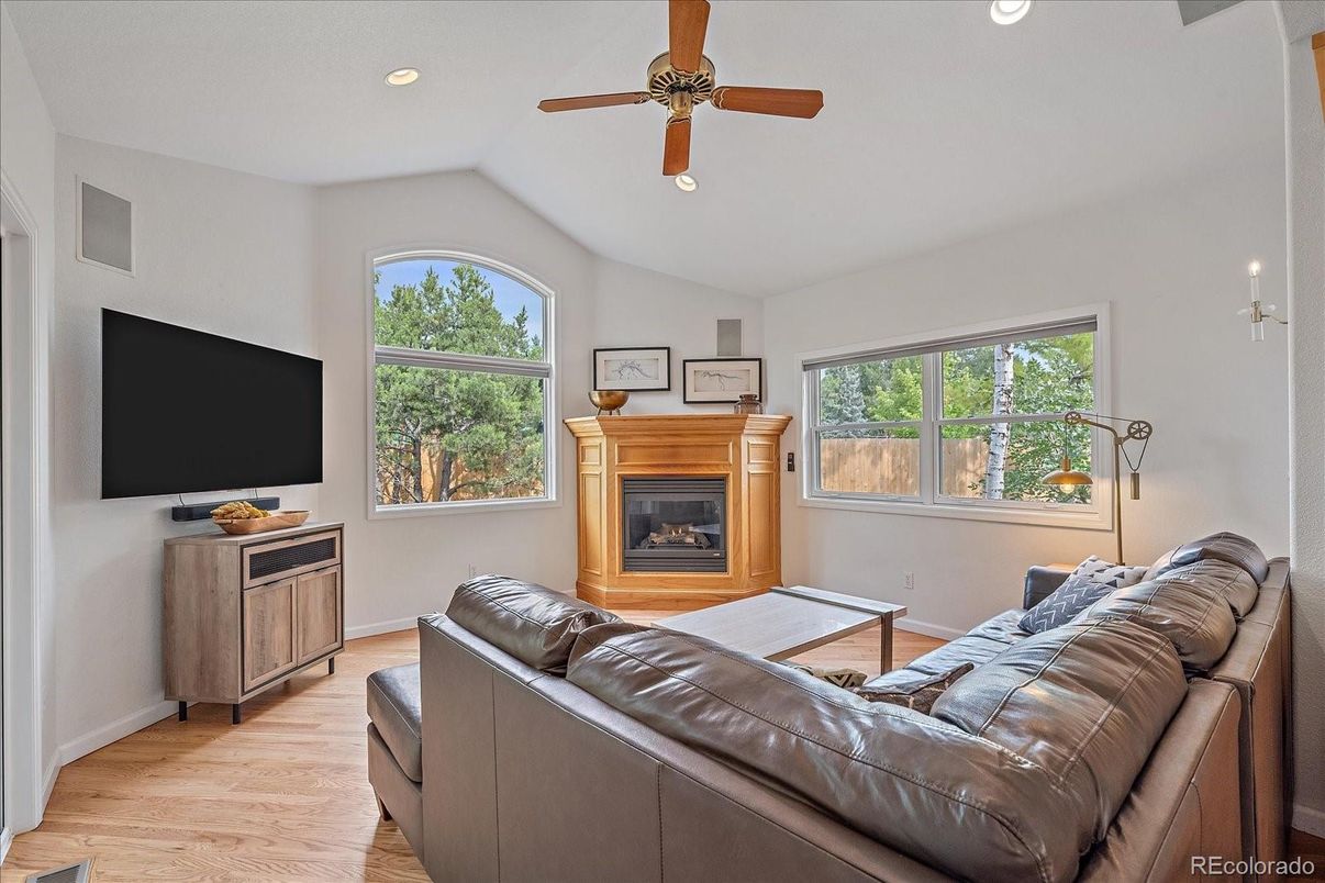 Fireplace, Interior, Recessed Lighting, Wood Texture Flooring