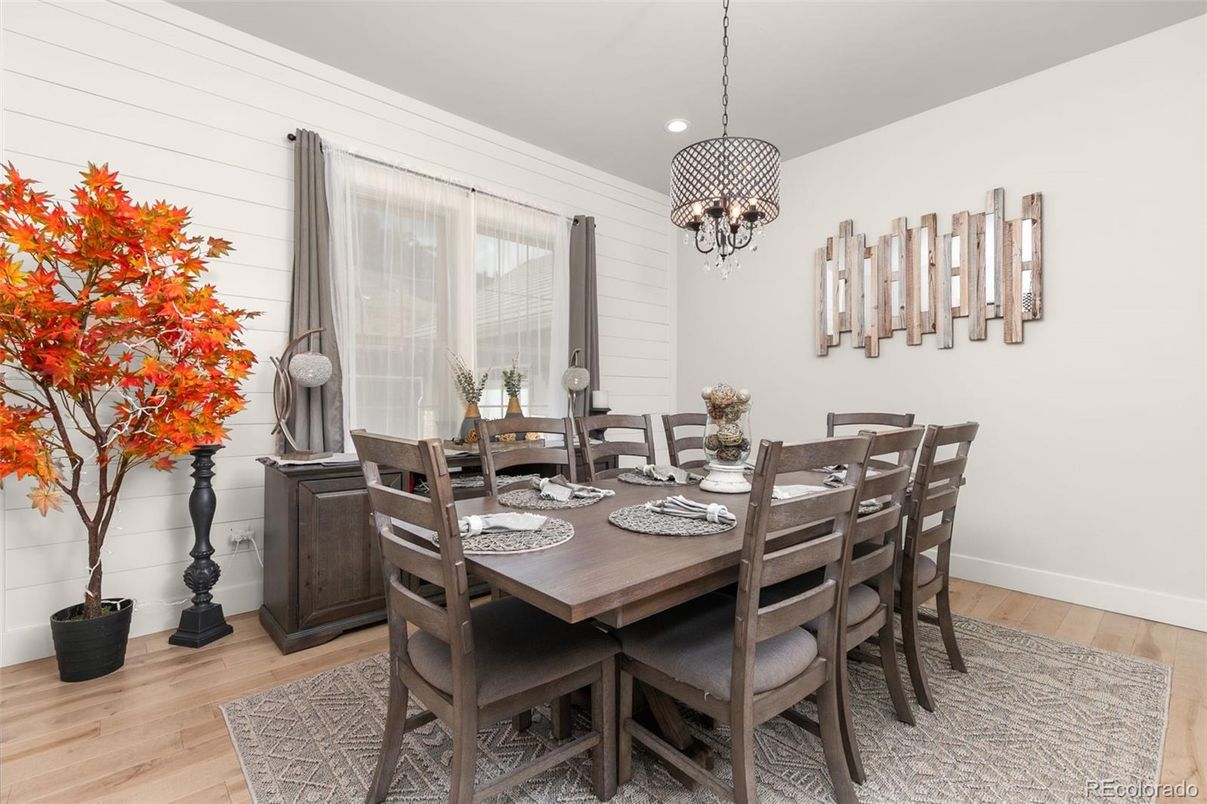 Dining room, Interior, Pendant Lights, Recessed Lighting, Wood Texture Flooring
