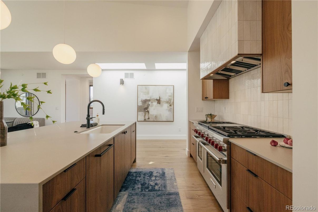 Interior, Kitchen, Pendant Lights, Stainless Steel Appliances, Wood Texture Flooring