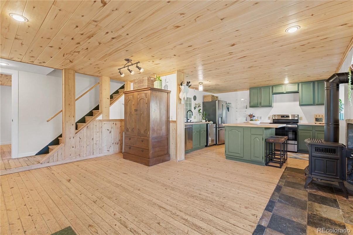Interior, Kitchen, Recessed Lighting, Stainless Steel Appliances, Wooden Ceilings, Wood Texture Flooring