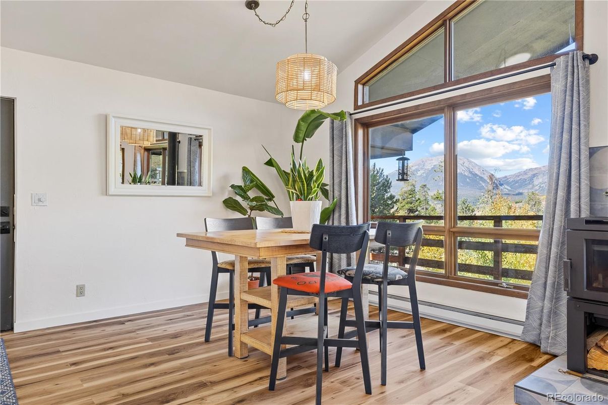 Dining room, Interior, Pendant Lights, Wood Texture Flooring