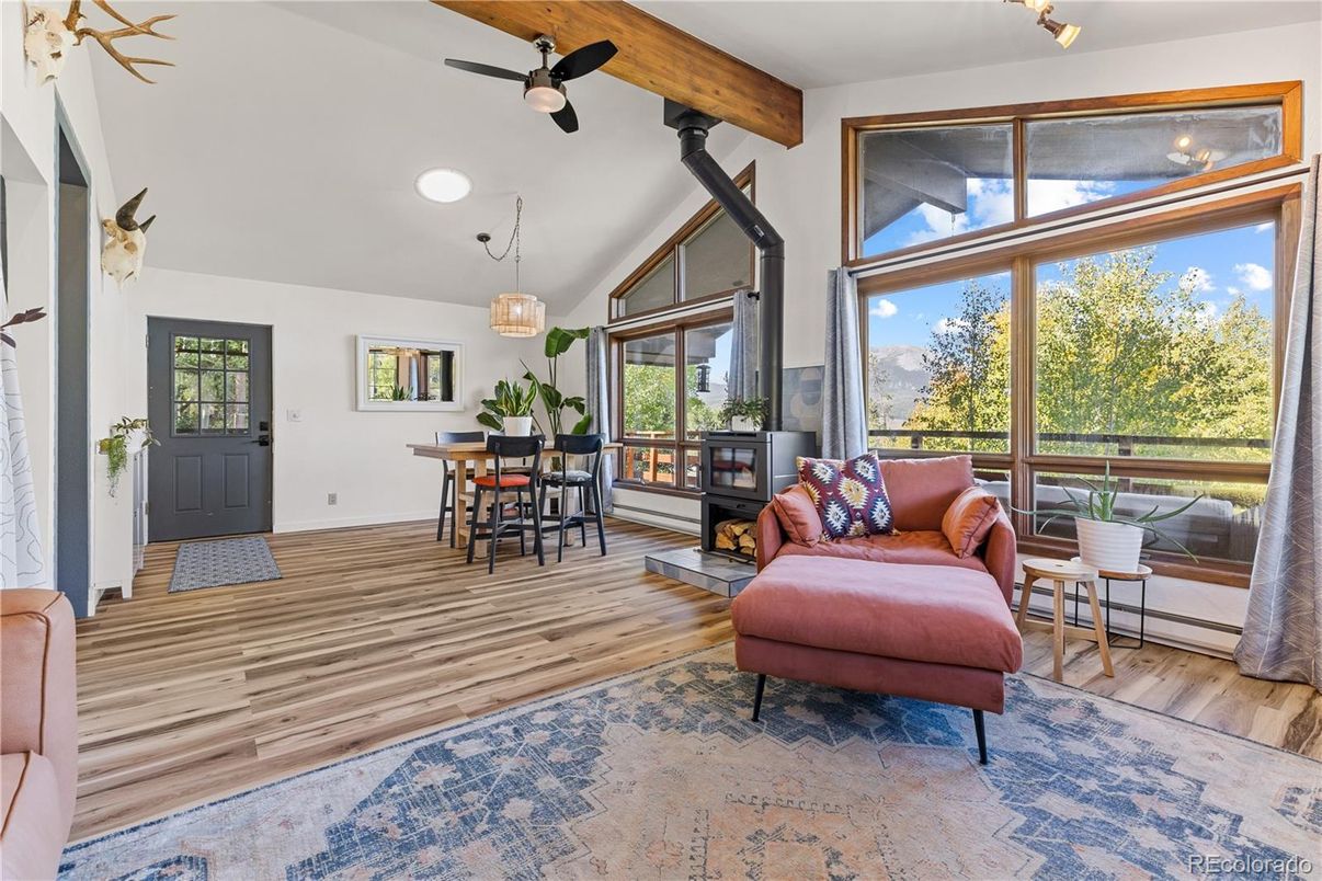 Dining room, Interior, Pendant Lights, Wooden Beams, Wood Texture Flooring