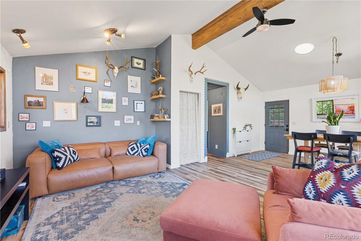 Dining room, Interior, Living room, Pendant Lights, Wooden Beams