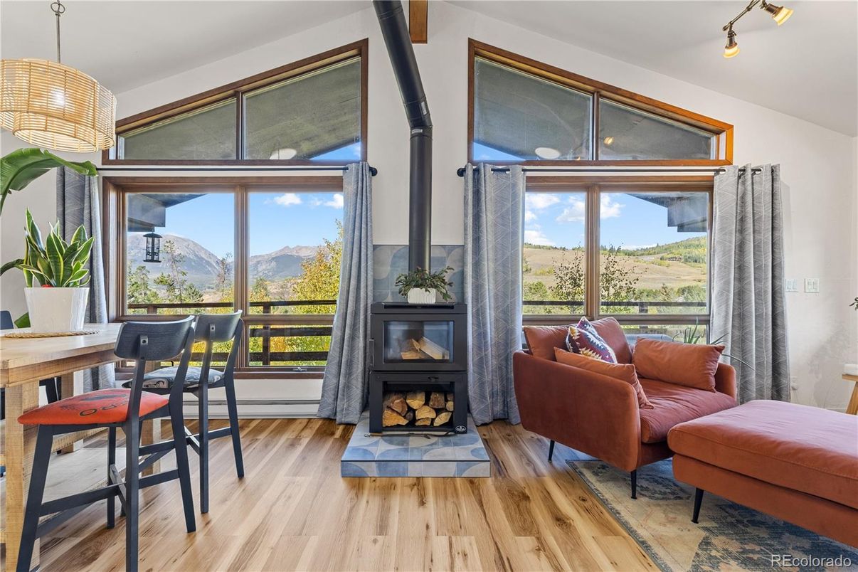Fireplace, Interior, Living room, Pendant Lights, Wood Texture Flooring