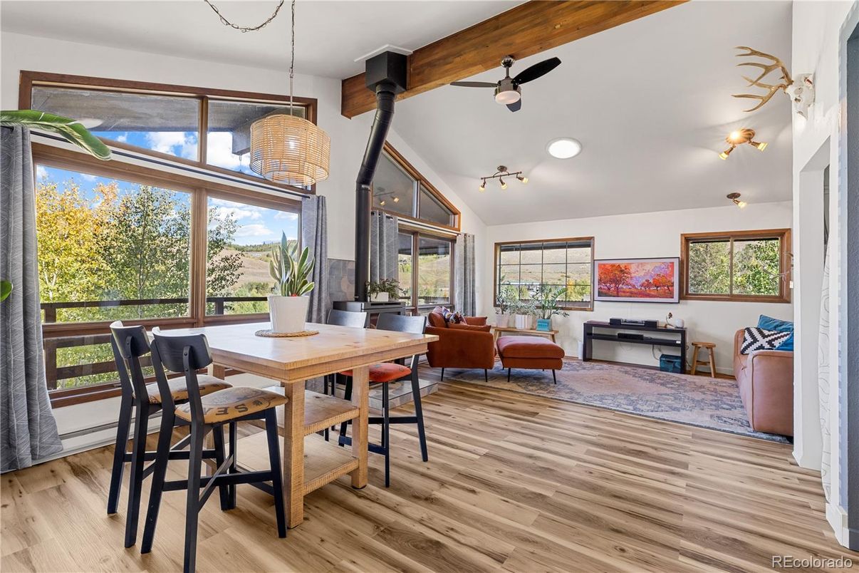 Dining room, Interior, Living room, Pendant Lights, Wooden Beams, Wood Texture Flooring