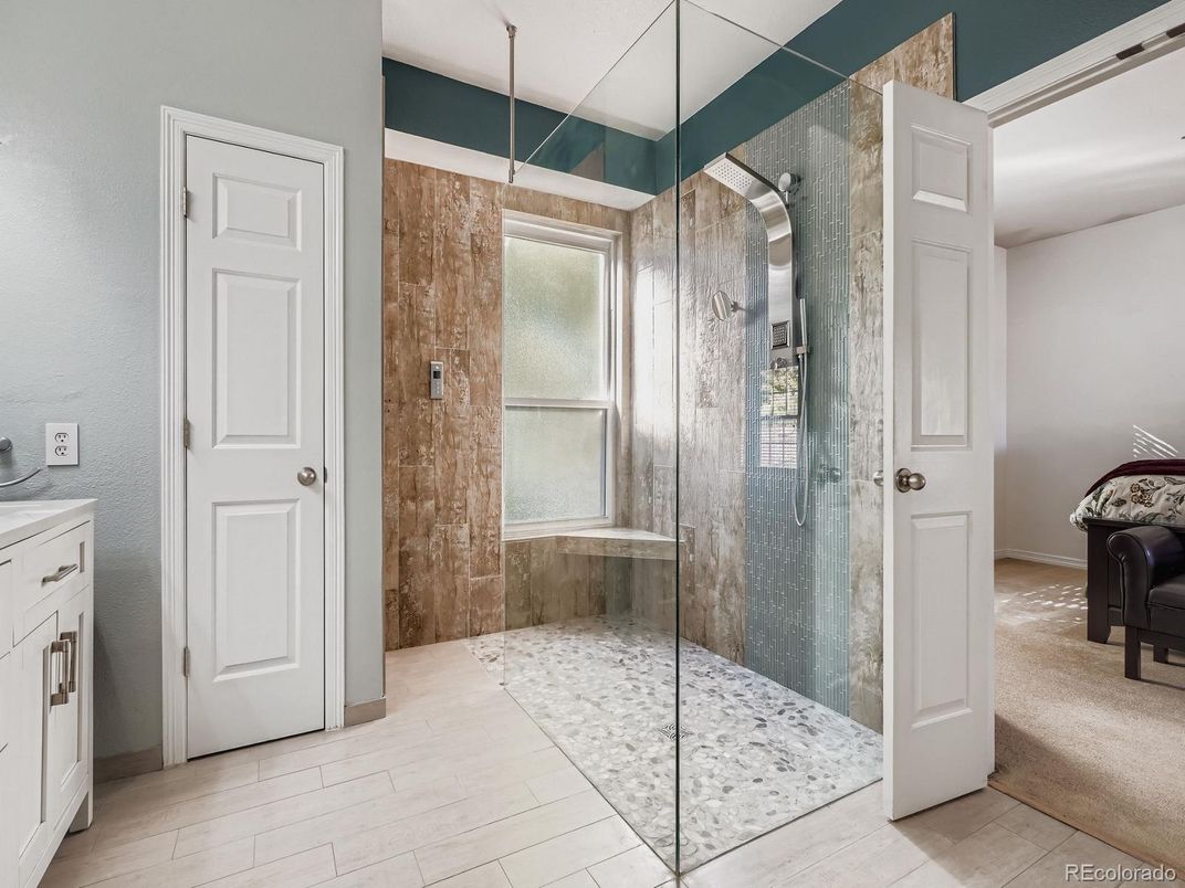 Bathroom, Glass Shower, Interior, Wood Texture Flooring