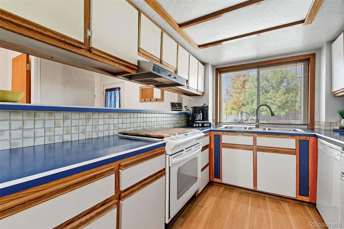 Interior, Kitchen, Tile Countertops, Wood Texture Flooring