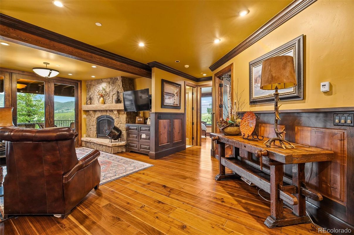 Fireplace, Interior, Living room, Recessed Lighting, Wood Texture Flooring