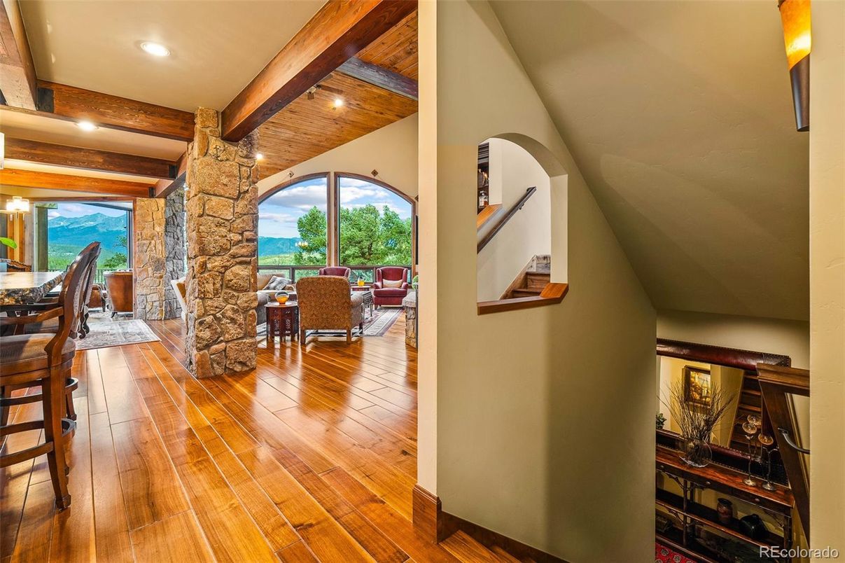 Dining room, Interior, Living room, Recessed Lighting, Stone Walls, Wooden Beams, Wooden Ceilings, Wood Texture Flooring