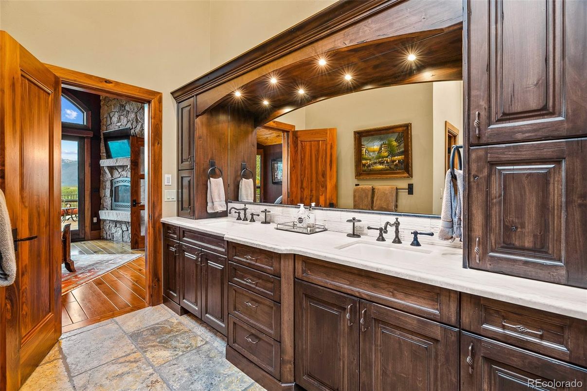 Bathroom, Dual Sink Vanities, Interior, Recessed Lighting, Wood Texture Flooring