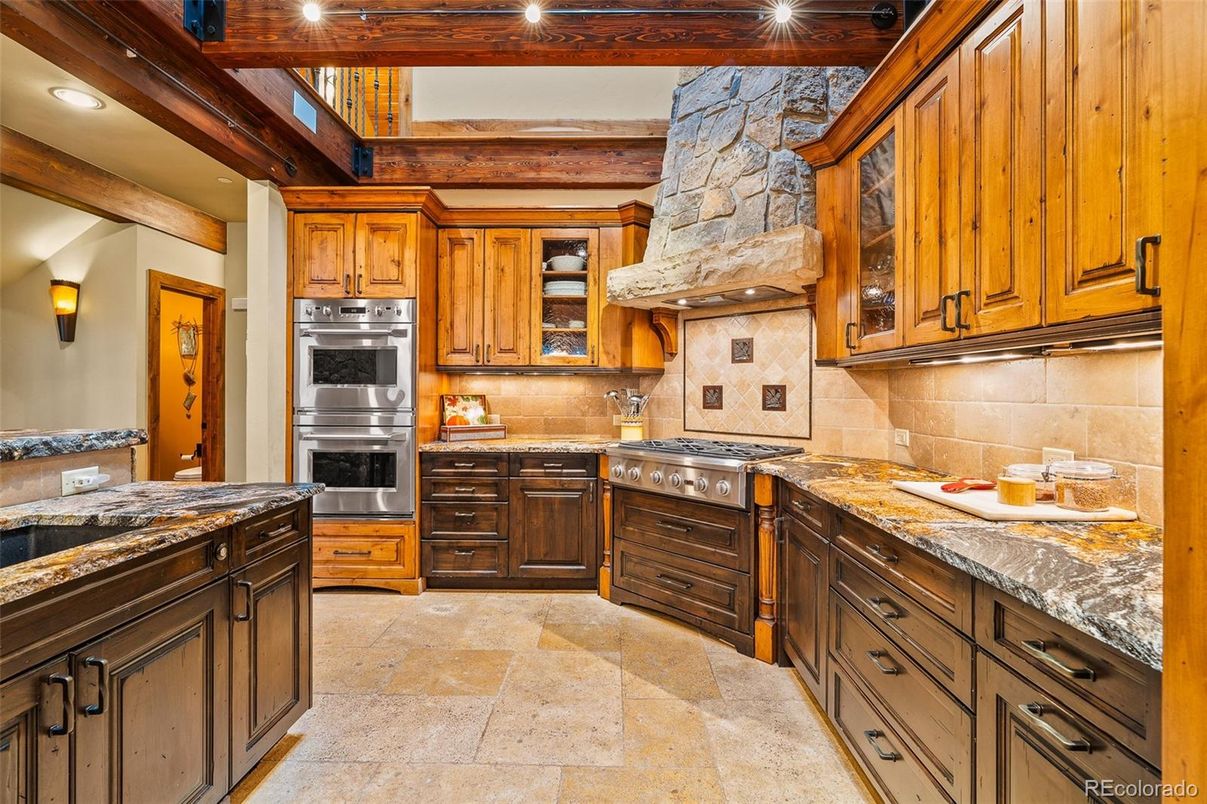 Interior, Kitchen, Recessed Lighting, Stainless Steel Appliances, Wooden Beams