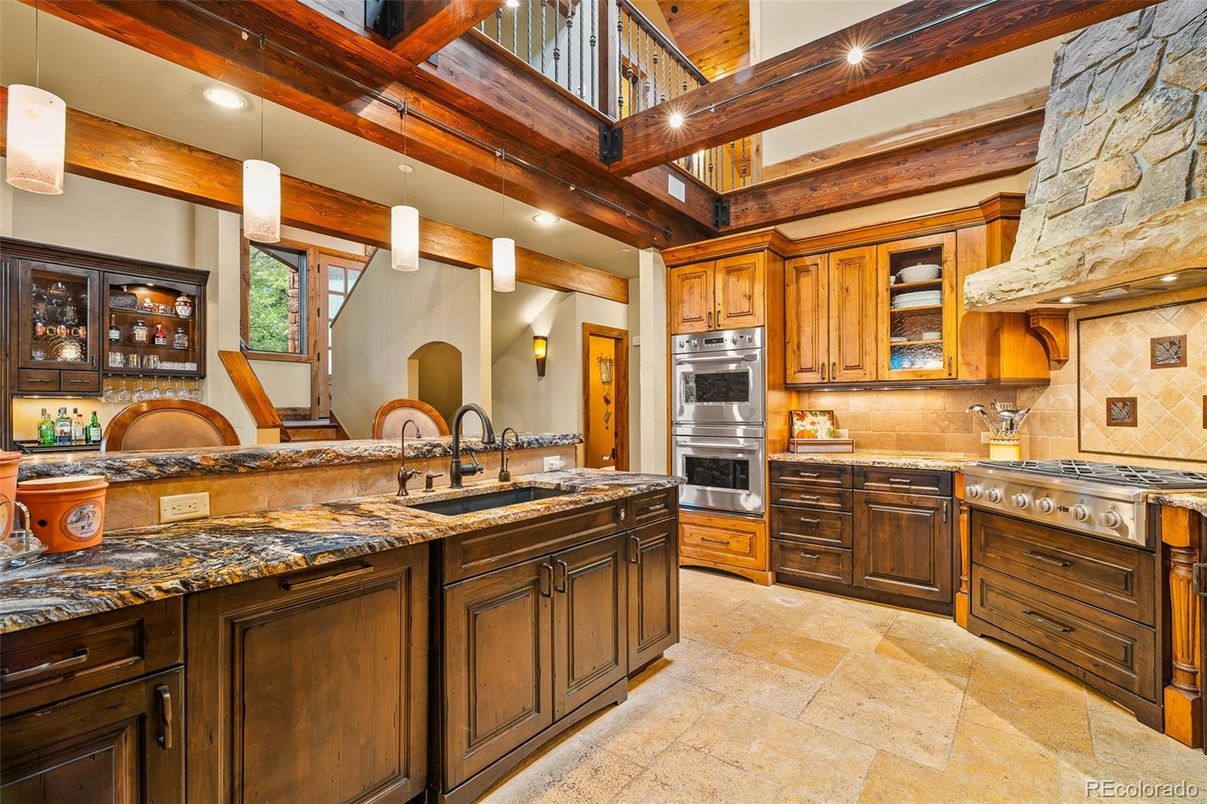Interior, Kitchen, Pendant Lights, Recessed Lighting, Stainless Steel Appliances, Wooden Beams