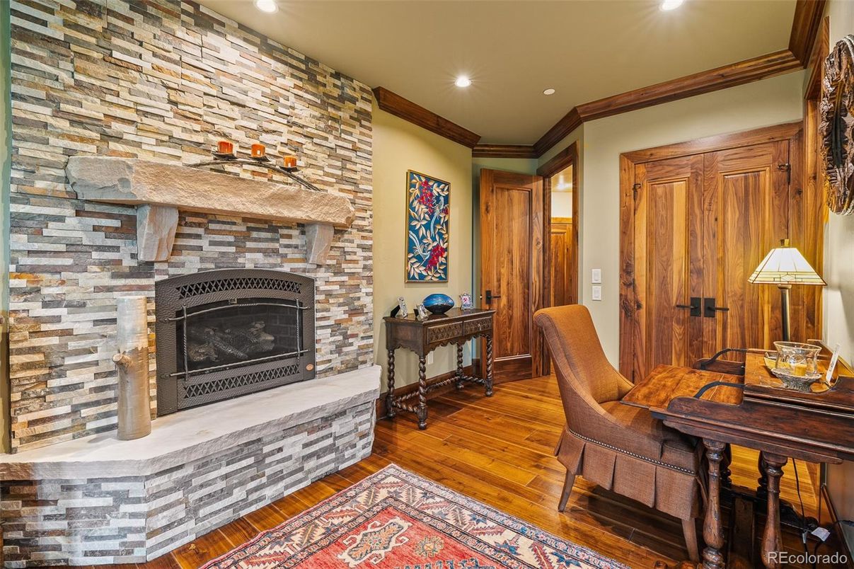 Fireplace, Interior, Recessed Lighting, Stone Walls, Wood Texture Flooring