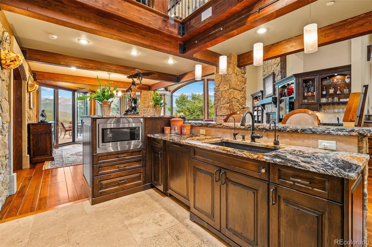 Interior, Kitchen, Pendant Lights, Recessed Lighting, Stainless Steel Appliances, Wooden Beams, Wood Texture Flooring