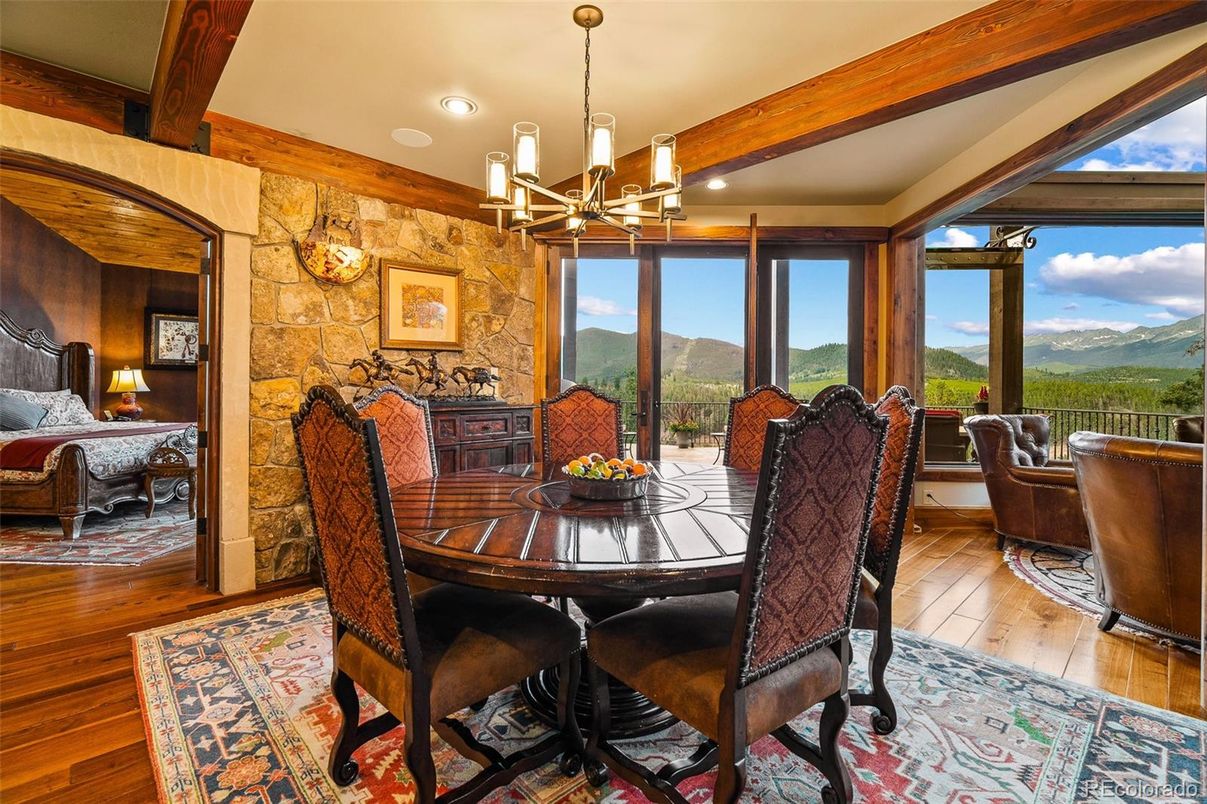 Dining room, Interior, Pendant Lights, Recessed Lighting, Stone Walls, Wooden Beams, Wood Texture Flooring