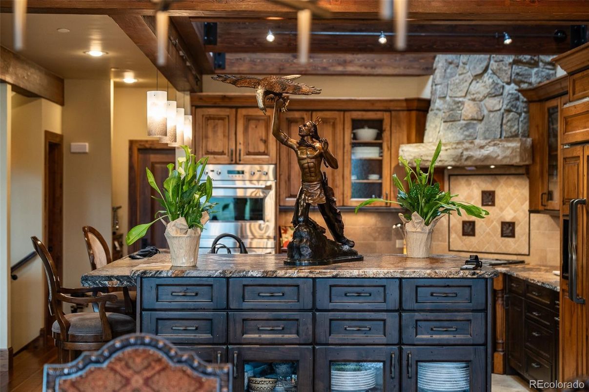 Dining room, Interior, Kitchen, Recessed Lighting, Stone Walls, Wooden Beams