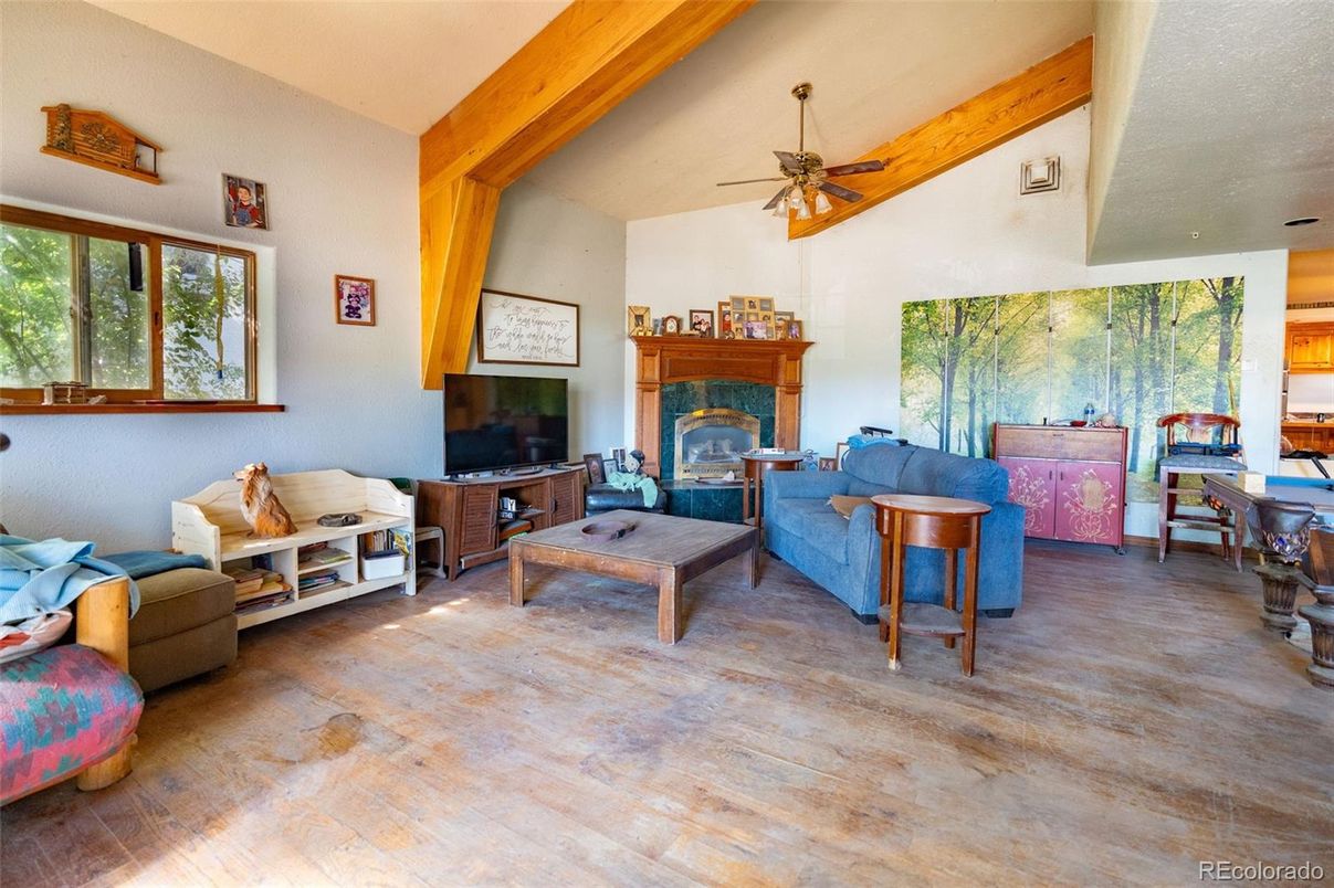 Fireplace, Interior, Living room, Wooden Beams, Wood Texture Flooring