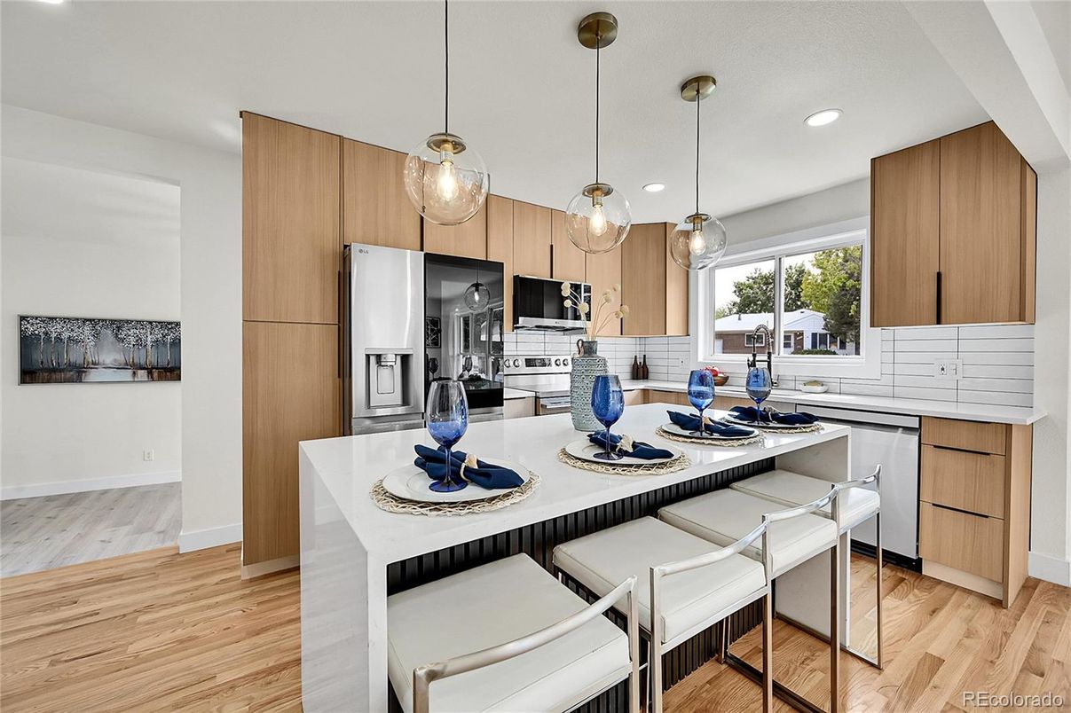 Interior, Kitchen, Pendant Lights, Recessed Lighting, Stainless Steel Appliances, Wood Texture Flooring