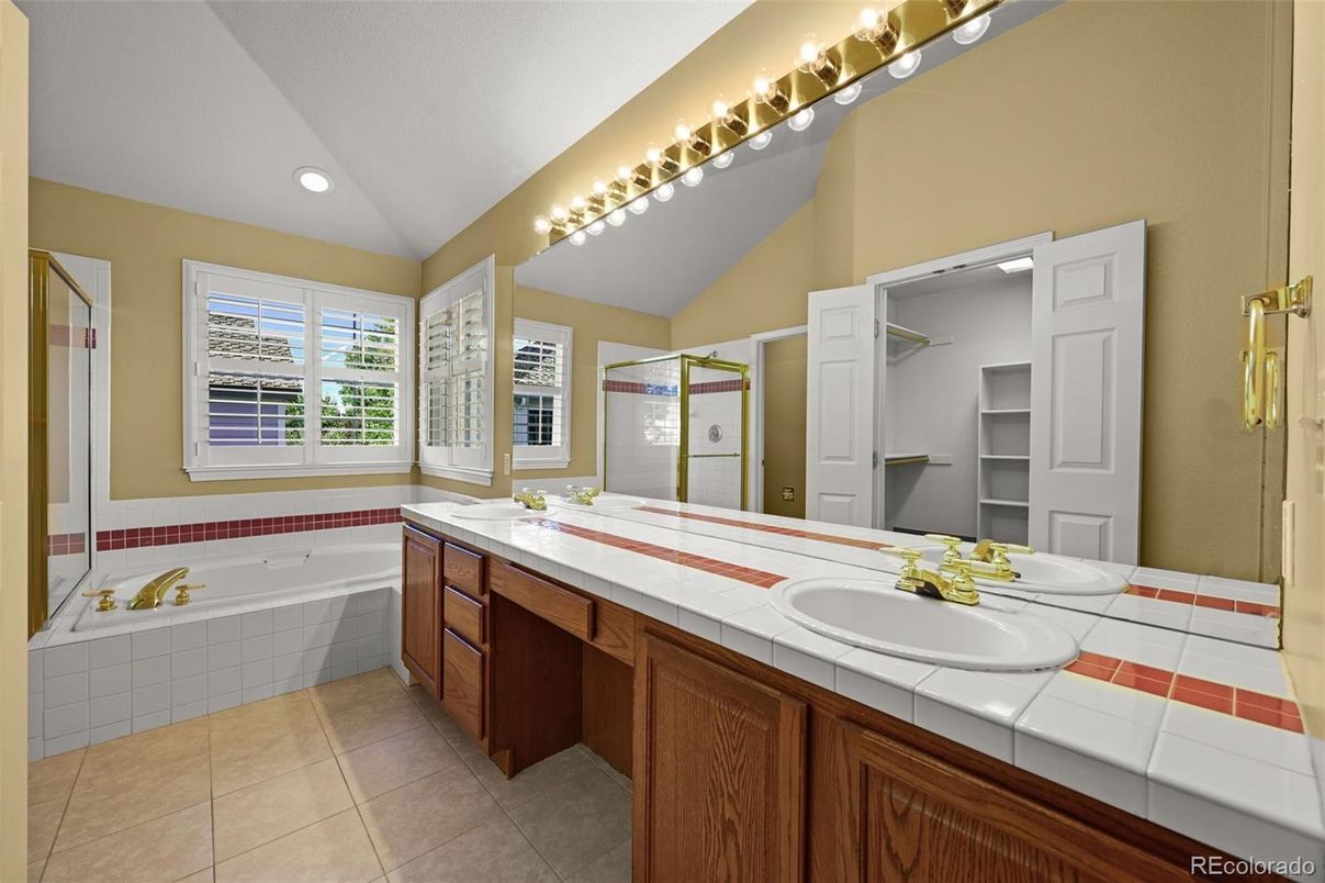 Bathroom, Dual Sink Vanities, Interior, Recessed Lighting, Tile Countertops