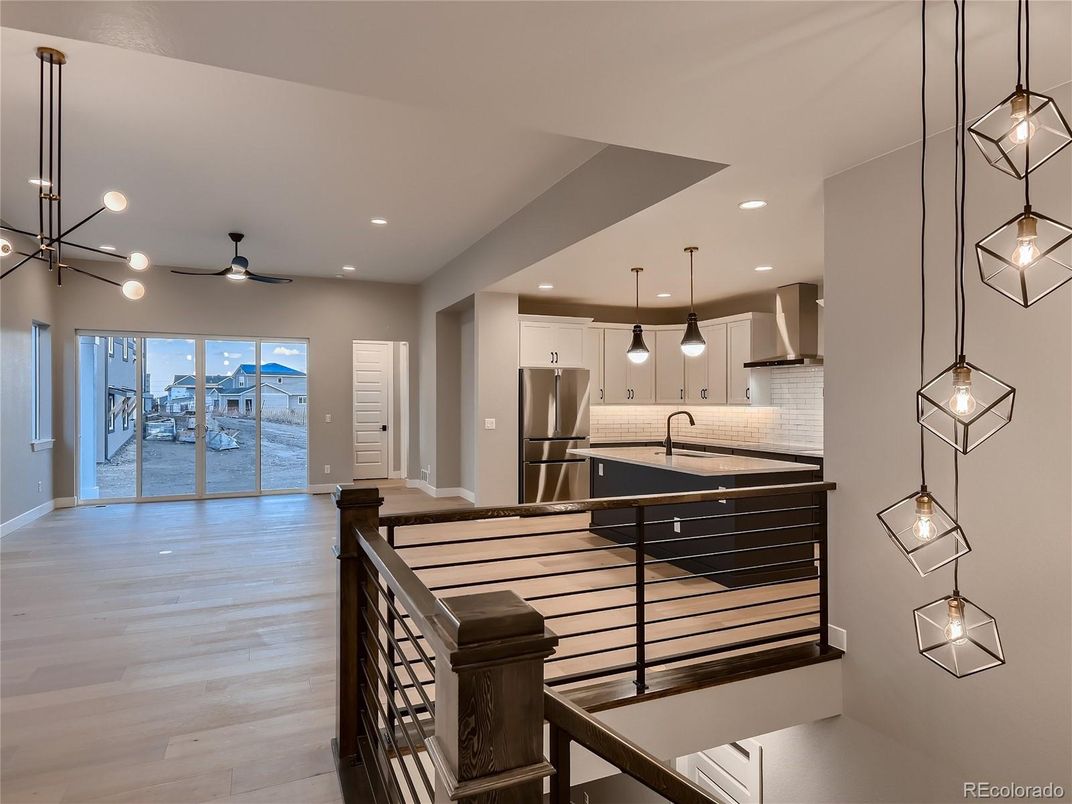 Interior, Kitchen, Pendant Lights, Recessed Lighting, Stainless Steel Appliances, Water, Wood Texture Flooring