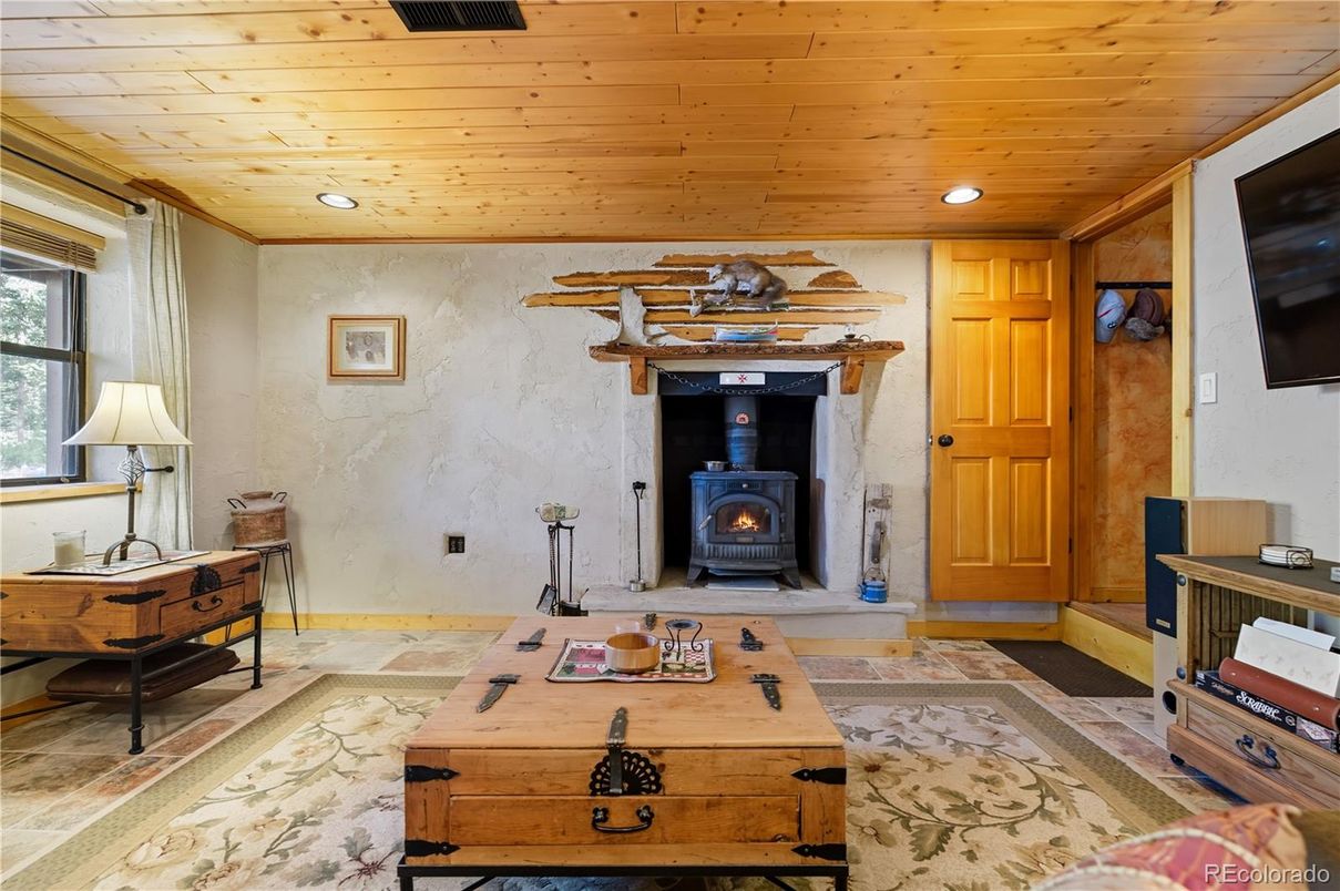 Fireplace, Interior, Recessed Lighting, Wooden Ceilings