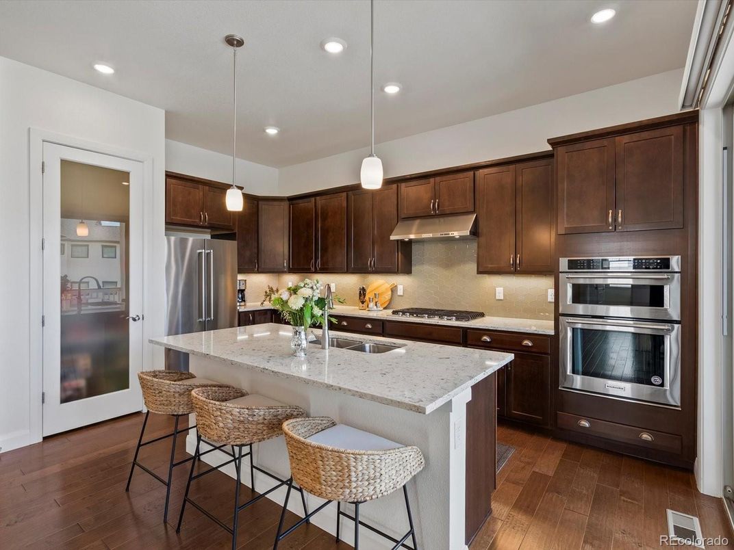 Interior, Kitchen, Pendant Lights, Recessed Lighting, Stainless Steel Appliances, Wood Texture Flooring