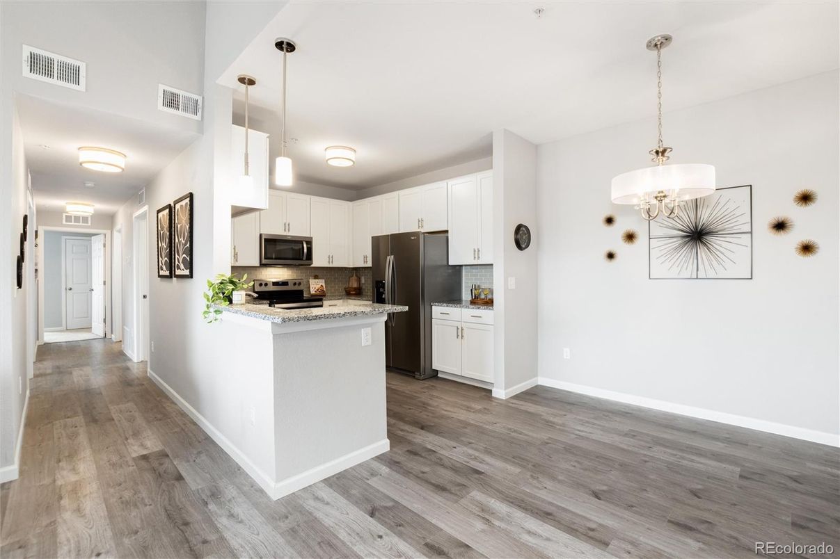 Interior, Kitchen, Pendant Lights, Stainless Steel Appliances, Wood Texture Flooring
