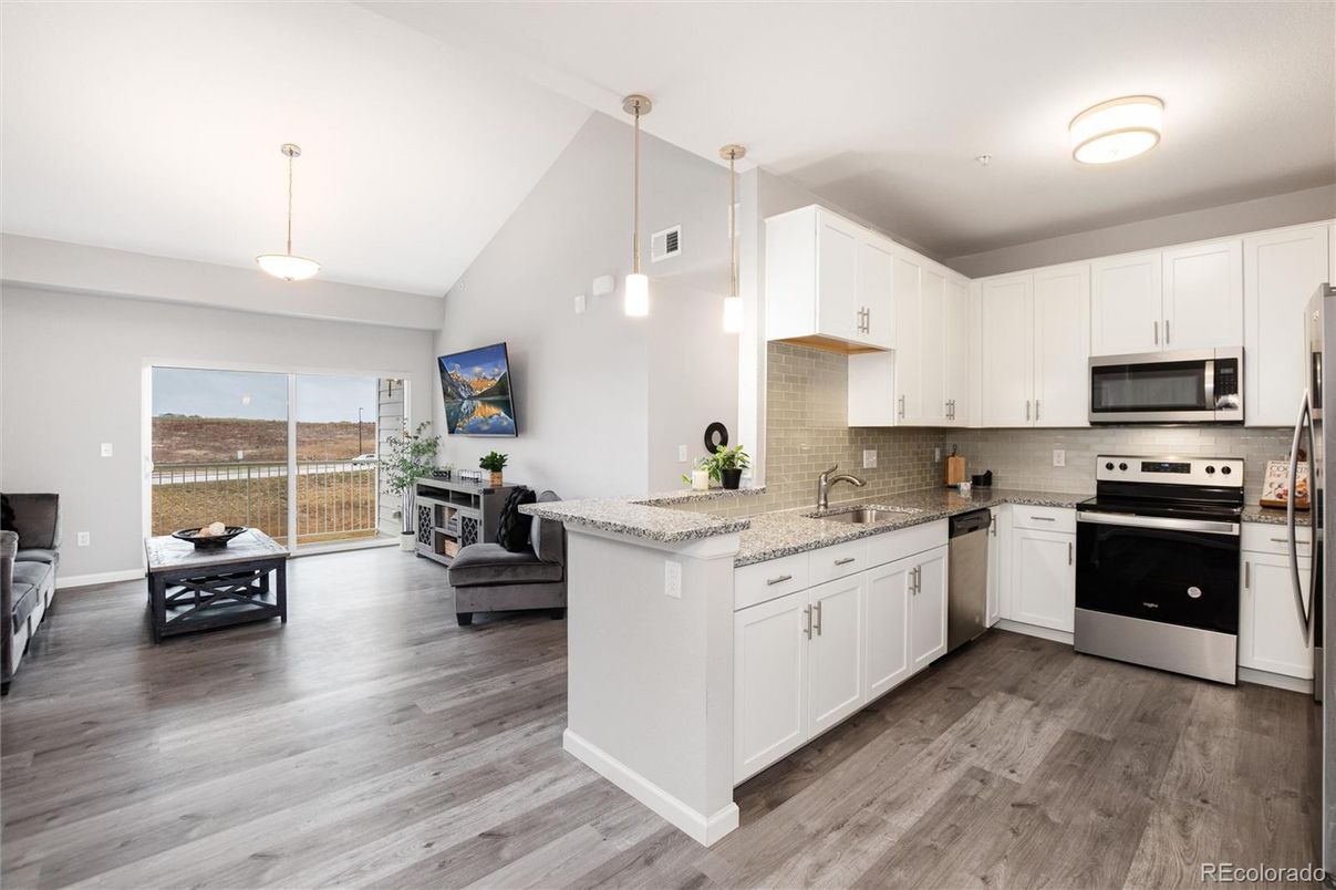 Interior, Kitchen, Pendant Lights, Stainless Steel Appliances, Wood Texture Flooring