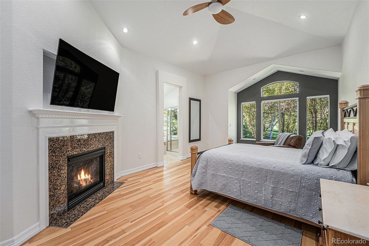 Bedroom, Fireplace, Interior, Recessed Lighting, Wood Texture Flooring