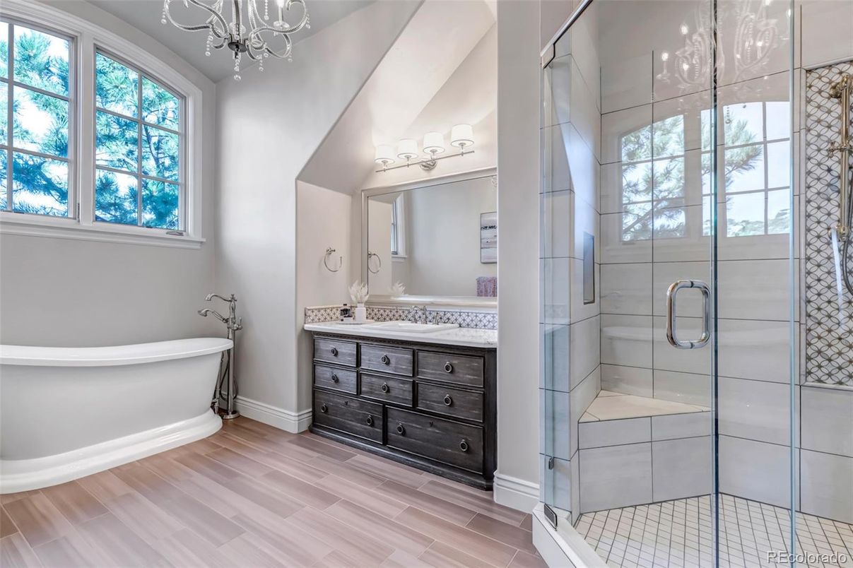 Bathroom, Chandelier, Glass Shower, Interior, Wood Texture Flooring