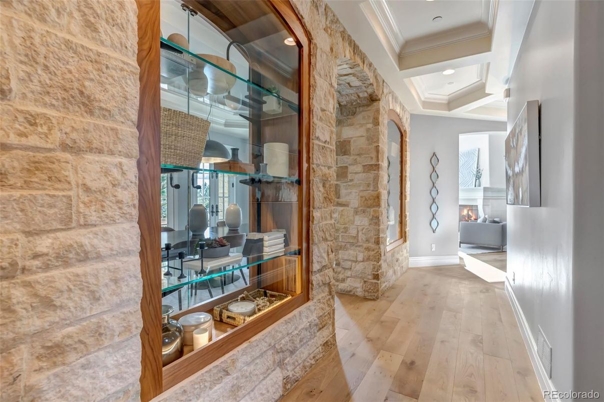 Fireplace, Interior, Recessed Lighting, Stone Walls, Wood Texture Flooring