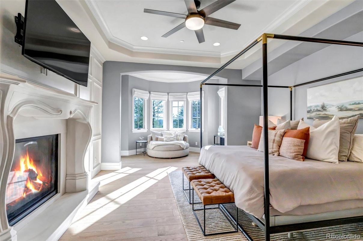 Bedroom, Fireplace, Interior, Recessed Lighting, Wood Texture Flooring