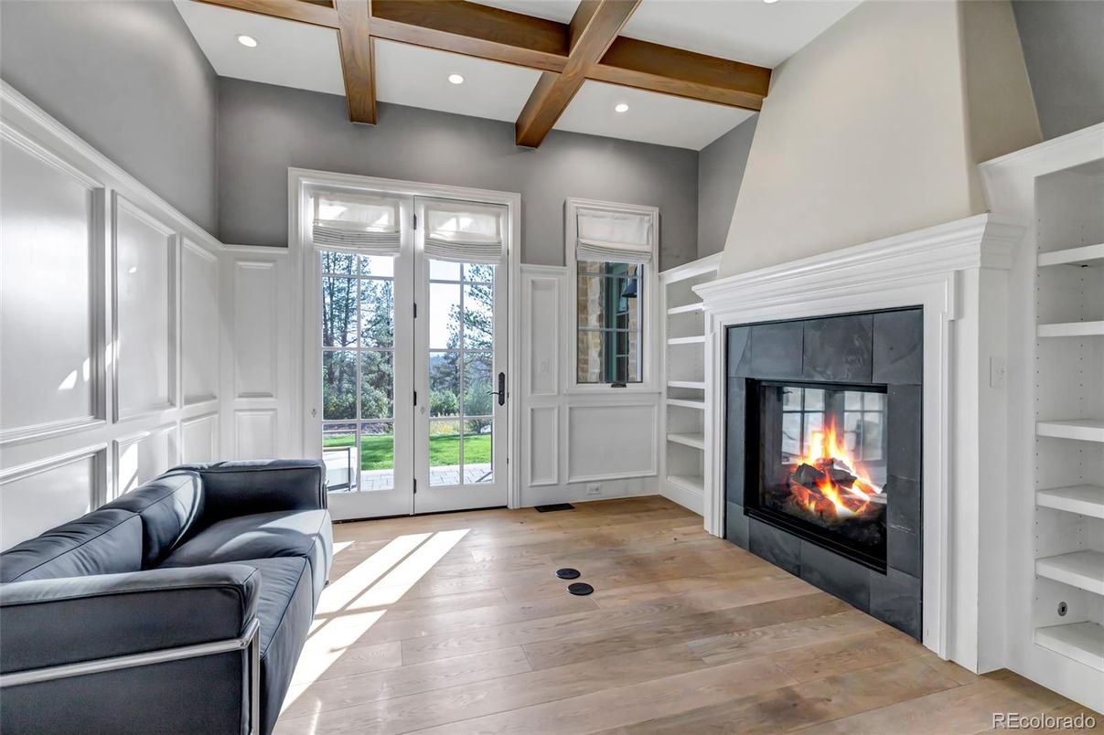 Fireplace, Interior, Recessed Lighting, Wooden Beams, Wood Texture Flooring