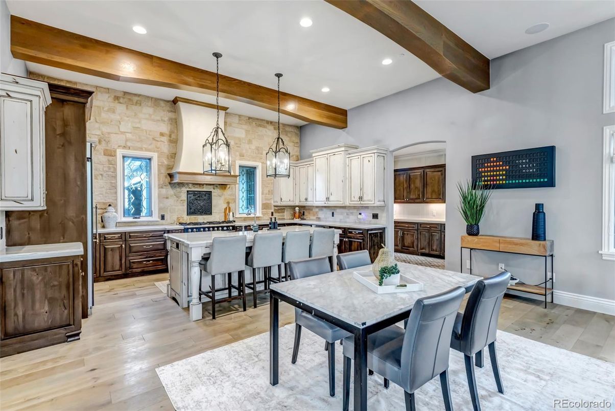 Dining room, Interior, Kitchen, Pendant Lights, Recessed Lighting, Stone Walls, Wooden Beams, Wood Texture Flooring