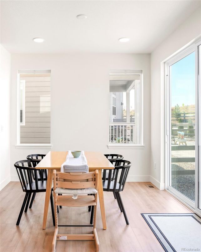Dining room, Interior, Recessed Lighting, Wood Texture Flooring